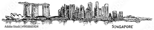 Singapore city skyline sketch with Marina Bay Sands and skyscrapers, hand drawn panorama of Asian travel destination, black and white urban landscape