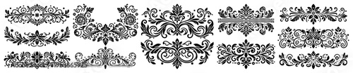 Vintage floral dividers and decorative borders set, ornate filigree calligraphic elements, classic Victorian damask ornaments for wedding invitation design