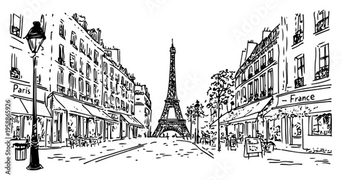Paris street sketch with Eiffel Tower and French cafes, France city travel landmark hand drawn illustration, black and white urban panorama