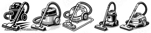 Vacuum cleaner icon set for home cleaning and housekeeping, household appliance symbols in various styles, black and white domestic equipment illustrations