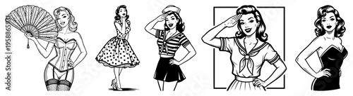 Retro pin-up girl collection in 1950s vintage style, beautiful women in classic poses including sailor and burlesque, rockabilly fashion vector illustrations