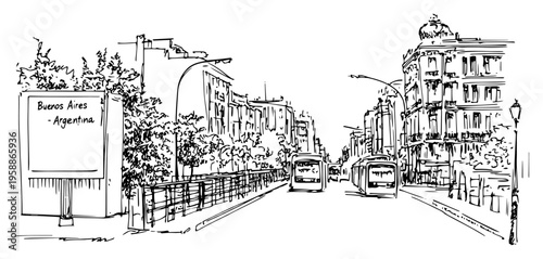 Buenos Aires city street sketch with architecture and transport, Argentina travel landmark hand drawn panorama, black and white urban landscape illustration