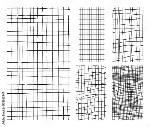 Abstract hand drawn grid patterns and mesh textures, sketchy crosshatch background elements for grunge and minimalist graphic design set
