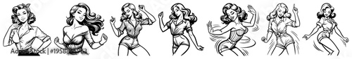 Retro pin-up girls dancing and posing set, 1950s vintage style beautiful women illustrations, rockabilly fashion and classic mid-century feminine characters