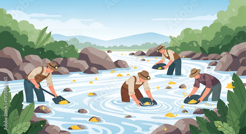 Illustrative scene of determined prospectors diligently panning for glistening gold nuggets in a serene, flowing river amidst a picturesque natural landscape