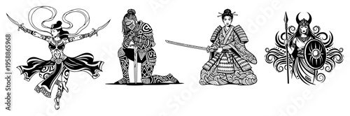 Female warrior collection featuring samurai geisha knight and viking valkyrie, black and white fantasy heroine characters set, historical and legendary woman fighters vector
