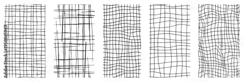 Hand drawn grid patterns and mesh textures set, sketchy crosshatch background elements for grunge and minimalist graphic design, artistic notebook paper line art collection