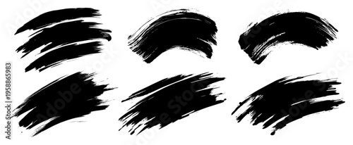 Thick black ink brush strokes and paint smear set, expressive artistic grunge textures for creative design, hand drawn swept markings vector