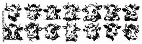 Cow head mascots and bull face icons collection, funny livestock animal character expressions set, black and white dairy farm logo elements
