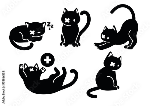 Cute sick cat icon set, veterinary pet care vector illustrations