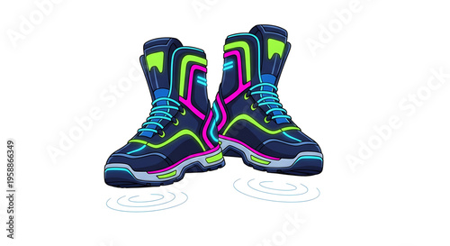 A pair of vibrant, neon-lit athletic boots with a futuristic design, perfect for runners and fitness enthusiasts who want to make a statement with their footwear.