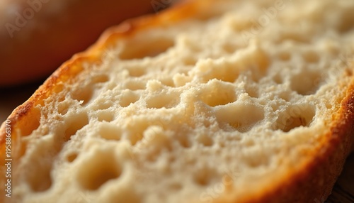 Close view of airy bread crumb texture with golden crust edge. Macro shot of porous interior with small holes. Fresh baked dough structure, good for food background.