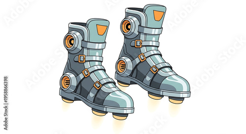 A pair of futuristic roller boots with buckles and wheels on a white background