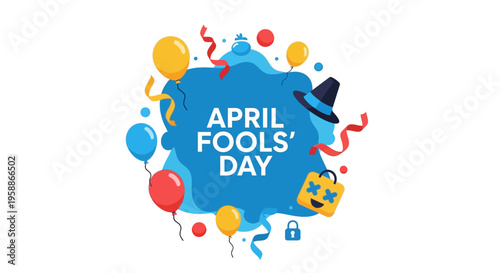 Colorful illustration celebrating April Fools' Day with cartoon characters and decorations on a white background