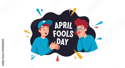 Colorful illustration of two cartoon characters celebrating April Fools' Day with a comical prank and joke in a playful decoration for social media