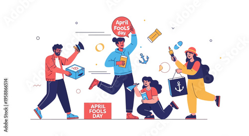 Illustration of a group of people celebrating April Fools' Day with colorful pranks and jokes in a playful and humorous way