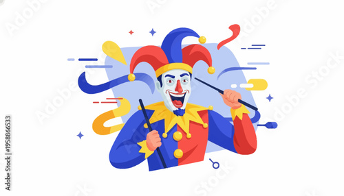A colorful illustration of a jester in a playful prank pose, conveying humor and comedy with a vibrant, cartoonish style and dynamic composition on a clean white background