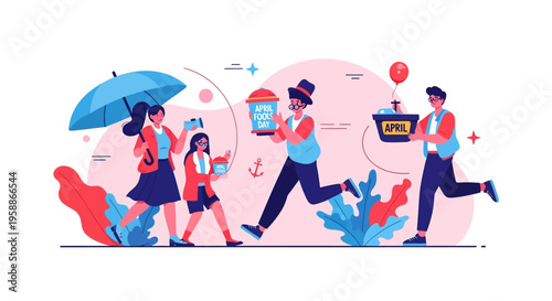 Colorful illustration of people running with gifts and decorations on April Fools' Day with a joyful mood