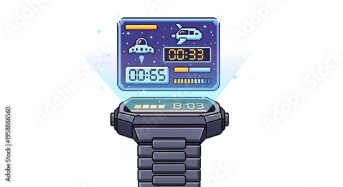 A futuristic smartwatch with a space-themed digital display showing various icons and timers