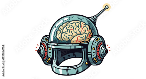 A futuristic illustration of a brain inside a robotic helmet with a satellite antenna, symbolizing advanced technology and artificial intelligence.
