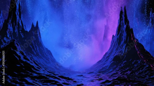 Abstract cosmic landscape with vibrant swirling colors and jagged mountains