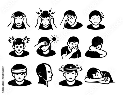 Headache Symptoms Icon Set – Migraine, Pain, Stress, Dizziness Black Silhouette Icons