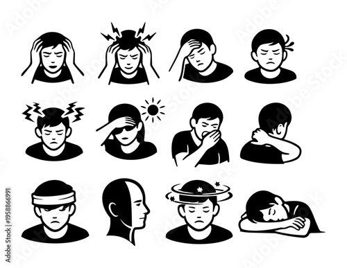 Headache Symptoms Icon Set – Migraine, Pain, Stress, Dizziness Black Silhouette Icons
