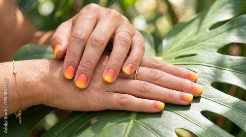 Ombre nails colorful manicure close up beauty fashion style scene