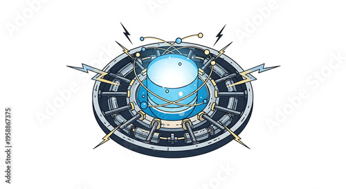 A futuristic vector graphic illustration of a high-tech energy generator with lightning bolts and wires