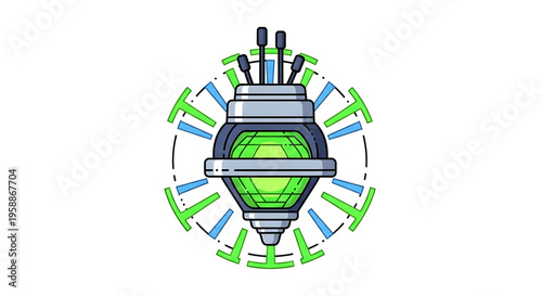 A futuristic green and gray robotic icon with arrows symbolizing innovation and technology