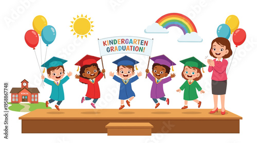 Kindergarten graduation vector illustration with happy diverse kids jumping on stage, teacher, banner, and colorful balloons celebration.