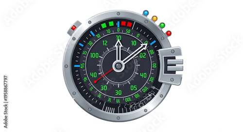 A futuristic vector graphic of a high-tech control panel clock with multiple dials and indicators