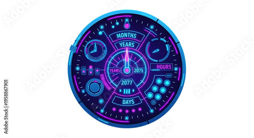 A futuristic neon-lit clock icon with a circular design and multiple dials, displaying days, hours, months, and years in a vibrant purple and blue color scheme.