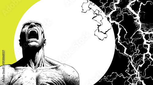 Black and white illustration of a roaring man with lightning strikes and circular shapes