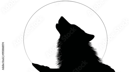 A silhouette of a wolf howling at the moon, in a minimalist, black and white illustration