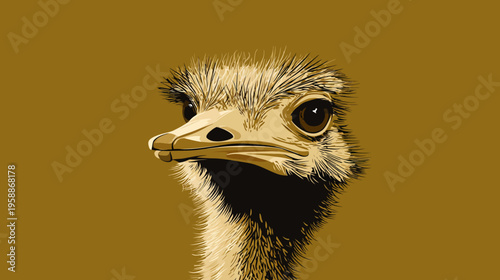 A digitally rendered image of an ostrich head against a muted, solid mustard background