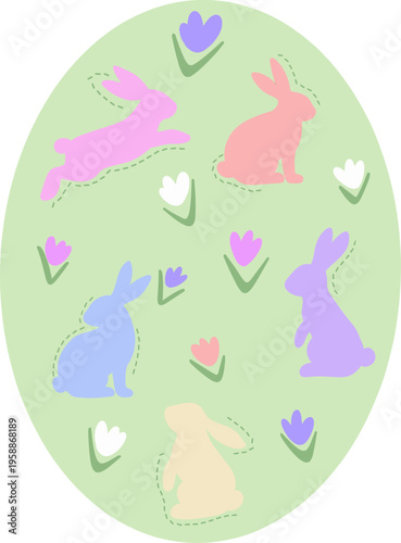 Easter Egg with Cute Bunny Silhouettes and Spring Flowers Pastel Illustration