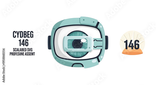 A futuristic virtual reality headset with a camera and a badge icon on a white background