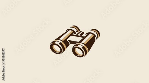A stylized illustration of binoculars in shades of brown and beige, on a cream-colored background