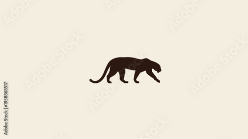 A walking, dark silhouette of a big cat, facing right, on a cream background
