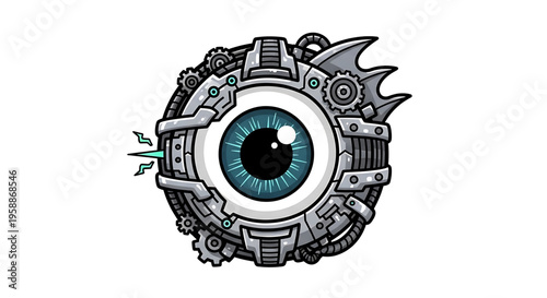 A futuristic robotic eye with blue iris and mechanical components in a circular design