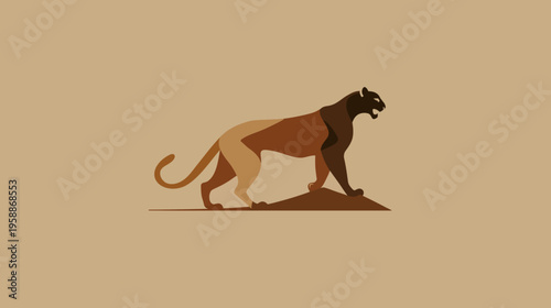 A geometric illustration of a big cat perched on a hill, in various shades of brown