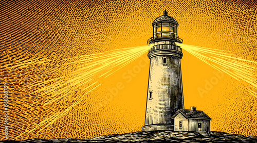A vintage-style illustration of a tall lighthouse shining bright beams of light from its top