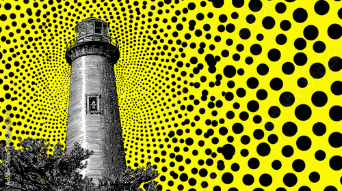 A pop art-style illustration featuring a lighthouse with a yellow backdrop of black dots