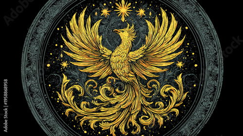 A golden bird with open wings, surrounded by swirls and stars, set against a dark background in a circle