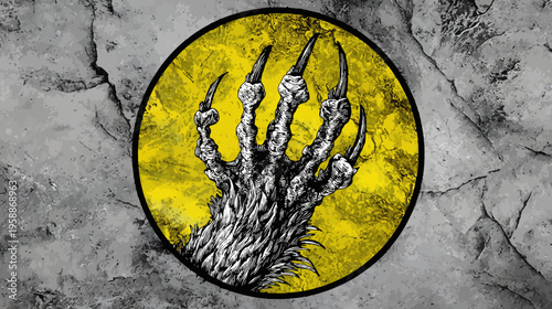 A scary beast's clawed hand in a yellow circle on cracked gray stone background. Graphic and eerie