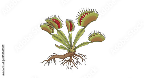 A detailed vector illustration of a carnivorous plant with spiky leaves and roots on a white background