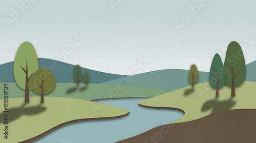 Idyllic Riverside Landscape Illustration Featuring Rolling Hills and Stylized Trees Under a Serene Sky