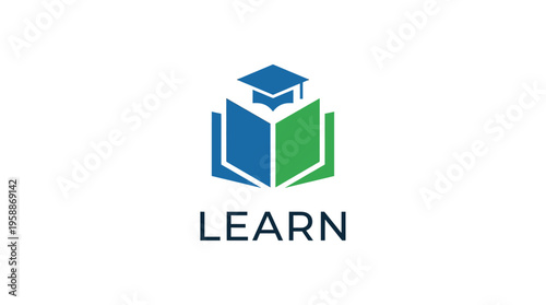 Graphic icon symbolizing education and learning, featuring an open book with a graduation cap to represent knowledge, academic achievement, and intellectual growth