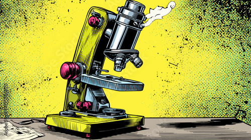 A brightly colored scientific microscope illustration against a yellow speckled background